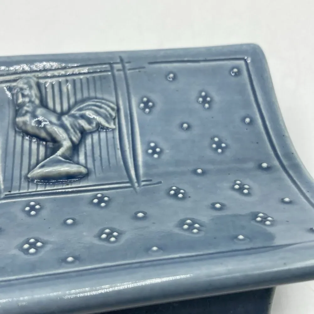 Studio Art Pottery Rooster Chicken Pedestal Soap Trinket Dish Ceramic Signed JB